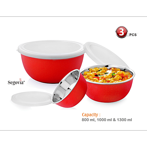 Segovia Stainless Steel Microwave Safe Bowl Set With Lid - Mixing Bowl, Storage Bowl, 3 pcs (800 ml, 1 L, 1.3 L) 