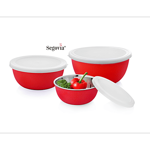 Segovia Stainless Steel Microwave Safe Bowl Set With Lid - Mixing Bowl, Storage Bowl, 3 pcs (800 ml, 1 L, 1.3 L) 