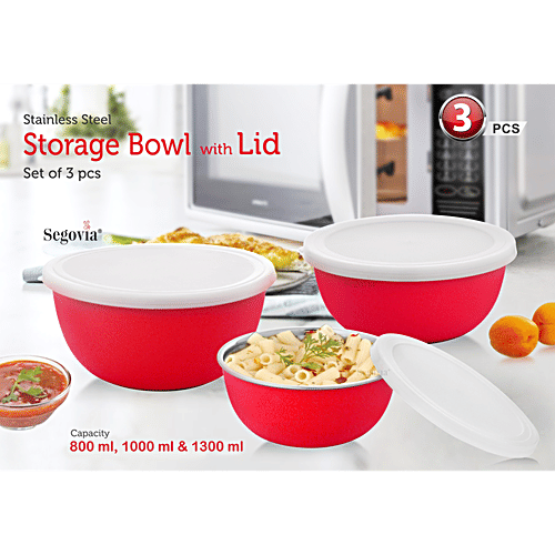 Segovia Stainless Steel Microwave Safe Bowl Set With Lid - Mixing Bowl, Storage Bowl, 3 pcs (800 ml, 1 L, 1.3 L) 