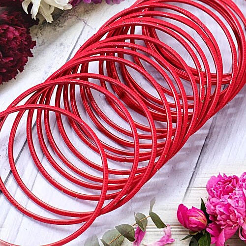 Pearlfiesta Metal Bangles - With Velvet Work, Red, Size 6.60 cm, 24 pcs