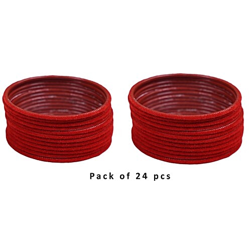 Pearlfiesta Metal Bangles - With Velvet Work, Red, Size 6.60 cm, 24 pcs
