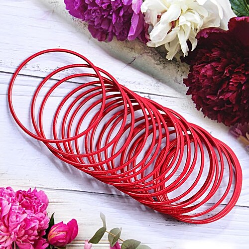 Pearlfiesta Metal Bangles - With Velvet Work, Red, Size 6.60 cm, 24 pcs