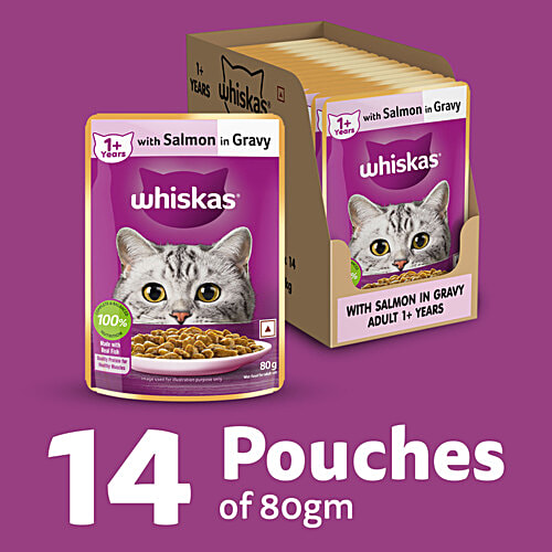 Whiskas Adult 1+ Year Wet Cat Food - Salmon In Gravy Flavour, 1.12 kg (14x80 g) Complete and Balanced Nutrition, Healthy Skin & Coat