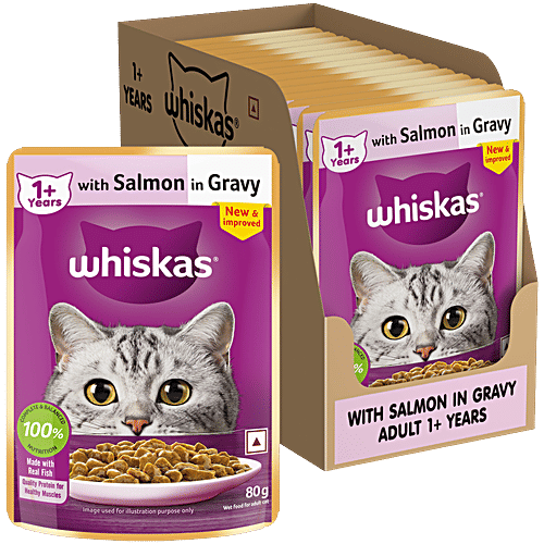 Whiskas Adult 1+ Year Wet Cat Food - Salmon In Gravy Flavour, 1.12 kg (14x80 g) Complete and Balanced Nutrition, Healthy Skin & Coat