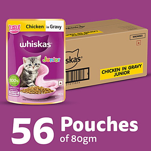 Whiskas Kitten 2-12 Months Wet Cat Food - Chicken In Gravy Flavour, 4.48 kg (56x80 g) Complete and Balanced Nutrition, Supports Healthy Growth
