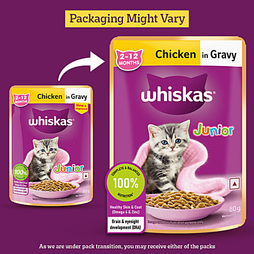Whiskas Kitten 2-12 Months Wet Cat Food - Chicken In Gravy Flavour, 4.48 kg (56x80 g) Complete and Balanced Nutrition, Supports Healthy Growth