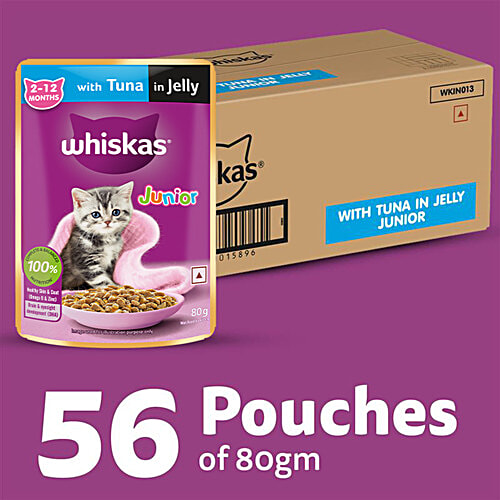 Whiskas Kitten 2-12 Months Wet Cat Food - Tuna In Jelly Flavour, 4.48 kg (56x80 g) Complete and Balanced Nutrition, Supports Healthy Growth