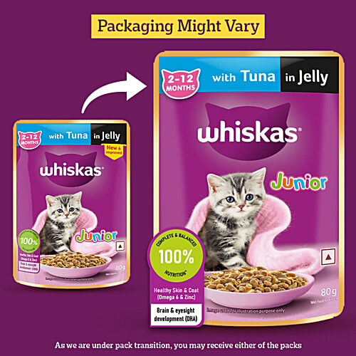 Whiskas Kitten 2-12 Months Wet Cat Food - Tuna In Jelly Flavour, 4.48 kg (56x80 g) Complete and Balanced Nutrition, Supports Healthy Growth
