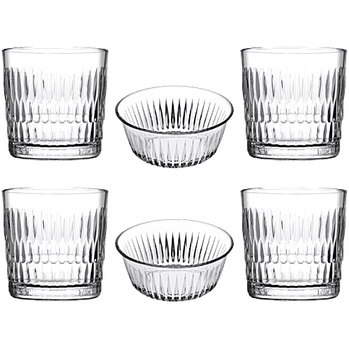 Pasabahce Sip & Savour Rain Party Set, 6 pcs (Whisky Glass - 4 x 300 ml + Bowl - 2 x 175 ml)