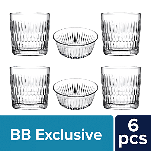 Pasabahce Sip & Savour Rain Party Set, 6 pcs (Whisky Glass - 4 x 300 ml + Bowl - 2 x 175 ml)