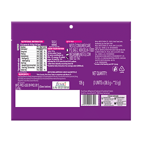 Nestle Munch Max Chocolate Coated Crunchy Wafer Bar, Value Pack, 126 g (3 units x 42 g each) Xtra Crunchy, Xtra Chocolate Taste