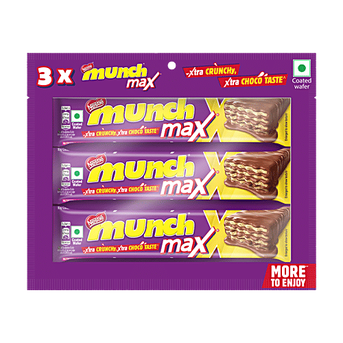 Nestle Munch Max Chocolate Coated Crunchy Wafer Bar, Value Pack, 126 g (3 units x 42 g each) Xtra Crunchy, Xtra Chocolate Taste