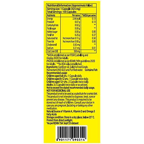 Seacod Cod Liver Oil Softgel Capsules With Natural Omega 3, Natural EPA & DHA Vitamin D & A, 100 pcs For Immune Health, Healthy Heart, Brain, Eyes, Joints & Muscles