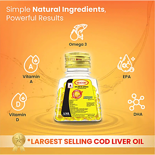Seacod Cod Liver Oil Softgel Capsules With Natural Omega 3, Natural EPA & DHA Vitamin D & A, 100 pcs For Immune Health, Healthy Heart, Brain, Eyes, Joints & Muscles