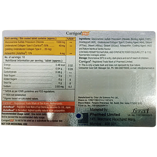 Cartigen Pro Tablet With Glucosamine, Collagen & Astaxanthin For Bone, Joint & Muscle Care, 10 pcs  