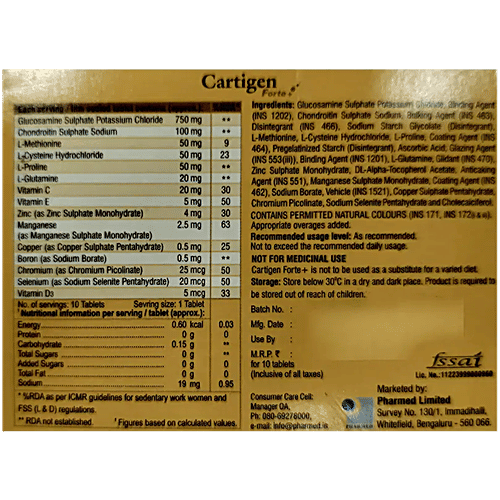 Cartigen Forte+ Tablet With Glucosamine, Chondroitin, Amino Acids, Vitamins & Minerals, For Bone, Joint & Muscle Care, 10 pcs  