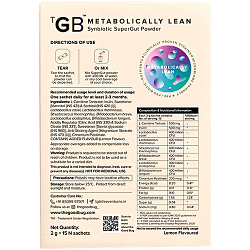 The Good Bug Metabolically Lean Daily Probiotics Powder - For Weight Management & Gut Health, 30 g (15 pcs x 2 g each) 