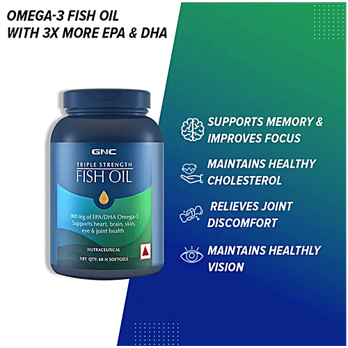 Gnc Triple Strength Fish Oil Soft Gelatin Capsules With Omega 3 Fatty Acids, 60 pcs  For Heart, Brain, Skin, Eye & Joint Health