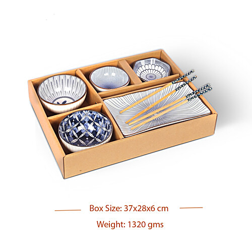 DP Japanese Ceramic Tableware, 7 pcs (2 Bowls, 2 Plates, 1 Sushi Plate, 2 Chopsticks)