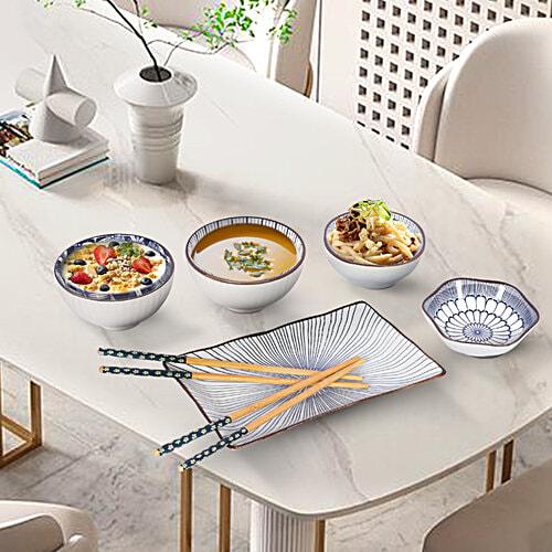 DP Japanese Ceramic Tableware, 7 pcs (2 Bowls, 2 Plates, 1 Sushi Plate, 2 Chopsticks)