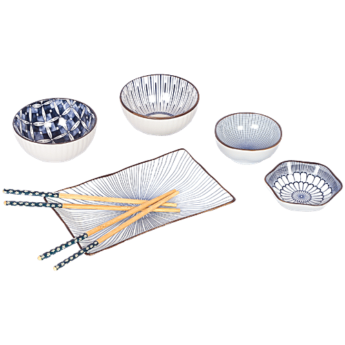 DP Japanese Ceramic Tableware, 7 pcs (2 Bowls, 2 Plates, 1 Sushi Plate, 2 Chopsticks)