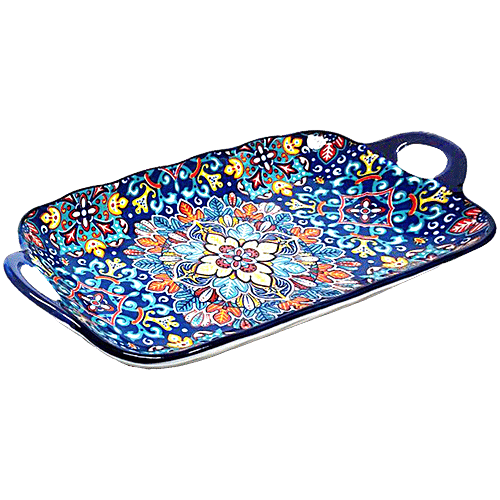 DP Ceramic Serving Tray With Handles - Navy Blue Floral Pattern, 32 x 17 x 4.5 cm, 1 pc
