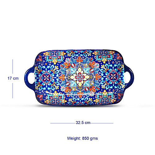 DP Ceramic Serving Tray With Handles - Navy Blue Floral Pattern, 32 x 17 x 4.5 cm, 1 pc