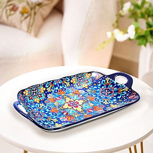 DP Ceramic Serving Tray With Handles - Navy Blue Floral Pattern, 32 x 17 x 4.5 cm, 1 pc