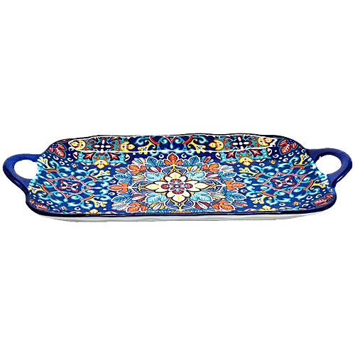 DP Ceramic Serving Tray With Handles - Navy Blue Floral Pattern, 32 x 17 x 4.5 cm, 1 pc
