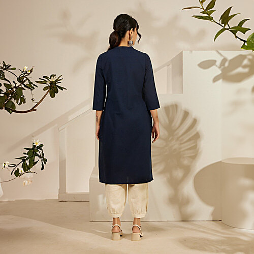 Daali Navy Cotton Flax Mandarin Collar 3/4 Sleeves Smart Formals Kurta with Two Pockets, XXL (Size - 2XL) 