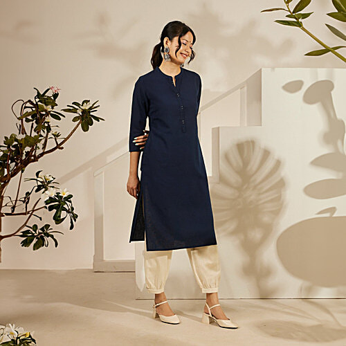 Daali Navy Cotton Flax Mandarin Collar 3/4 Sleeves Smart Formals Kurta with Two Pockets, XXL (Size - 2XL) 