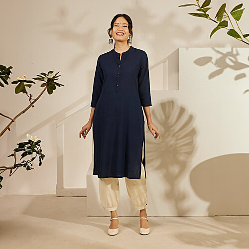 Daali Navy Cotton Flax Mandarin Collar 3/4 Sleeves Smart Formals Kurta with Two Pockets, XXL (Size - 2XL) 