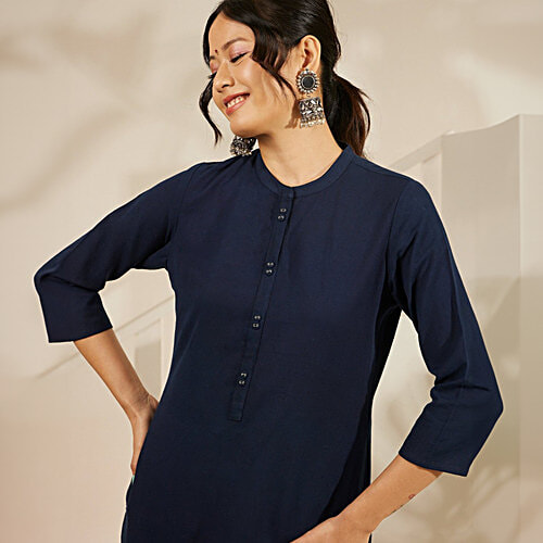 Daali Navy Cotton Flax Mandarin Collar 3/4 Sleeves Smart Formals Kurta with Two Pockets, XXL (Size - 2XL) 