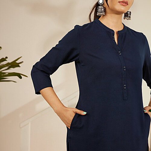 Daali Navy Cotton Flax Mandarin Collar 3/4 Sleeves Smart Formals Kurta with Two Pockets, XXL (Size - 2XL) 