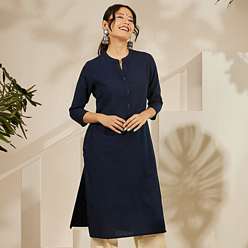 Daali Navy Cotton Flax Mandarin Collar 3/4 Sleeves Smart Formals Kurta with Two Pockets, XXL (Size - 2XL) 