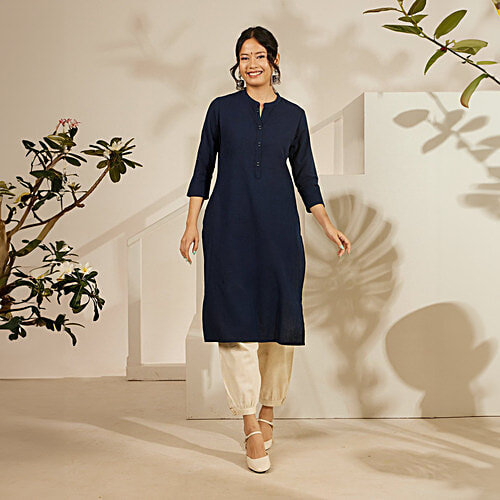 Daali Navy Cotton Flax Mandarin Collar 3/4 Sleeves Smart Formals Kurta with Two Pockets, XXL (Size - 2XL) 