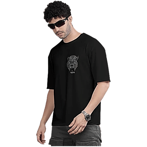Bullmer Black Loose Fit Printed Oversized T-Shirt, 1 pc (Size - M)