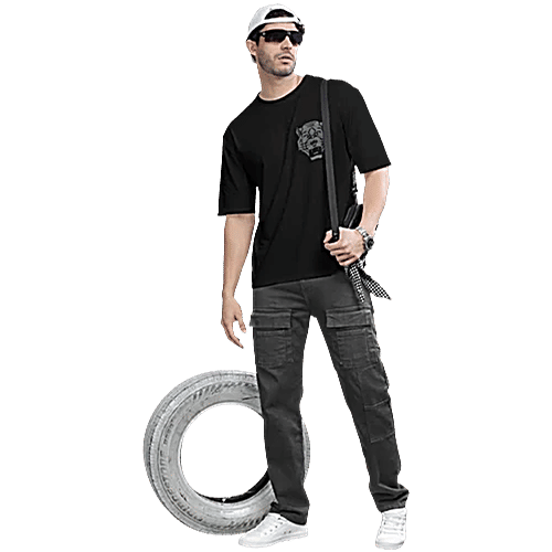 Bullmer Black Loose Fit Printed Oversized T-Shirt, 1 pc (Size - M)