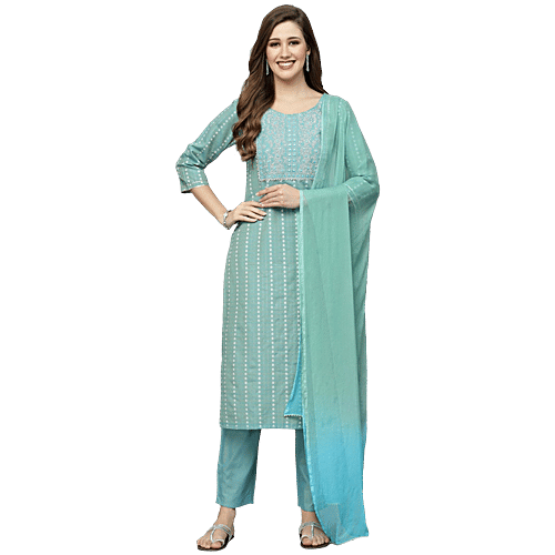 Stylum Green Embroidered Kurta Pant With Dupatta, 1 Set (Size - XL)