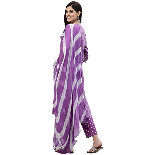 Stylum Purple Bandhani Print Kurta Pant With Dupatta, 1 Set (Size - S)