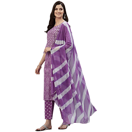 Stylum Purple Bandhani Print Kurta Pant With Dupatta, 1 Set (Size - S)