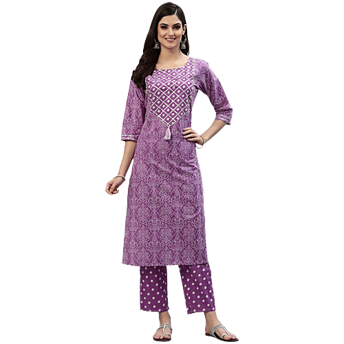 Stylum Purple Bandhani Print Kurta Pant With Dupatta, 1 Set (Size - S)