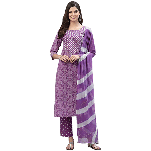 Stylum Purple Bandhani Print Kurta Pant With Dupatta, 1 Set (Size - S)