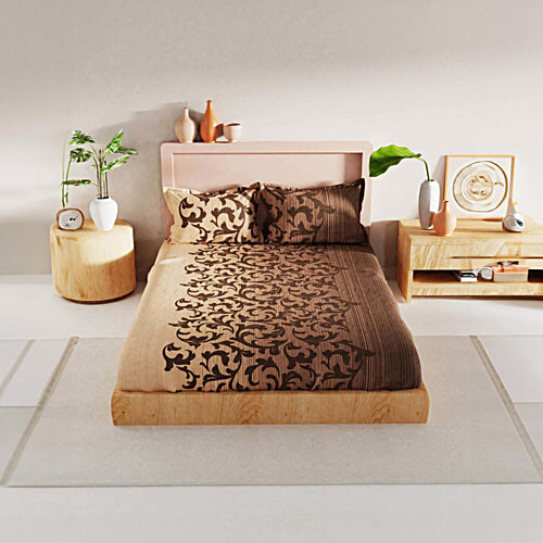 Bianca Tokyo Bay Printed Brown 192 TC Fabric King Bedsheet - With 2 Pillow Covers, 1 Set