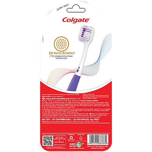 Colgate Total Ultra Soft Toothbrush, 2 pcs (Get Free 16 g Toothpaste) 2x More Bristles, Rapid Foaming Action