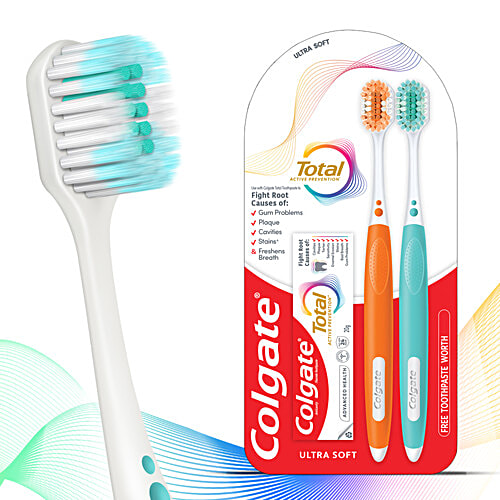 Colgate Total Ultra Soft Toothbrush, 2 pcs (Get Free 16 g Toothpaste) 2x More Bristles, Rapid Foaming Action