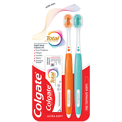 Colgate Total Ultra Soft Toothbrush, 2 pcs (Get Free 16 g Toothpaste) 2x More Bristles, Rapid Foaming Action