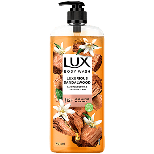 Lux Luxurious Sandalwood Body Wash, 750 ml Sandalwood Oil & Tuberose Scent, Up to 12H Long Lasting Fragrance