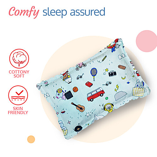 LuvLap Round Head Shaping Baby Pillow - With Mustard Seeds, For Neck Support, Cars Print, Light Blue, 1 pc  Portable,