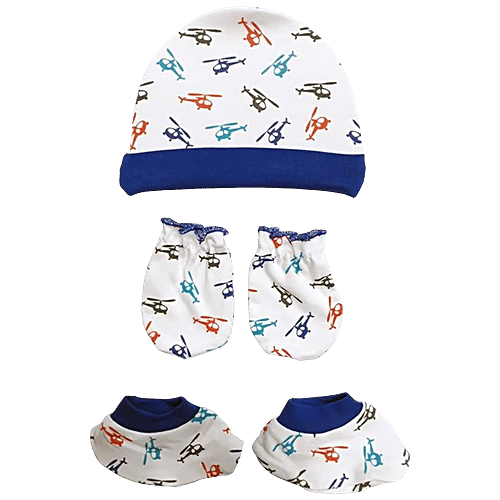 LuvLap 100% Cotton Baby Caps, Mittens, & Booties Combo Set - For 0 To 6 Months, 2 pcs (Set of 3) 
